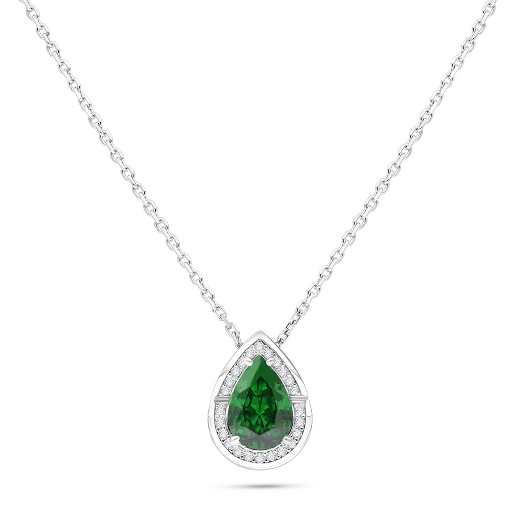 Sterling Silver 925 Necklace Rhodium Plated Embedded With Emerald Zircon And White Zircon