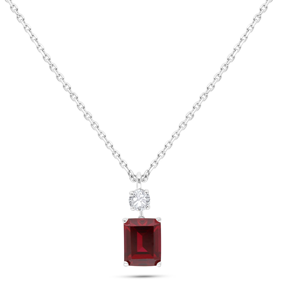 Sterling Silver 925 Necklace Rhodium Plated Embedded With Ruby Corundum And White Zircon