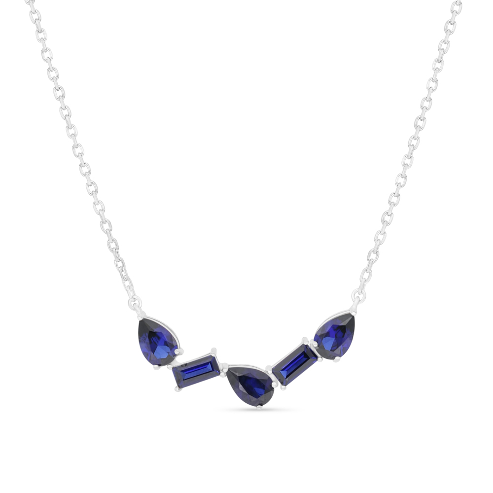 Sterling Silver 925 Necklace Rhodium Plated Embedded With Sapphire Corundum 