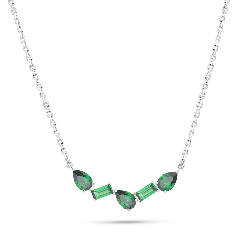 Sterling Silver 925 Necklace Rhodium Plated Embedded With Emerald Zircon 