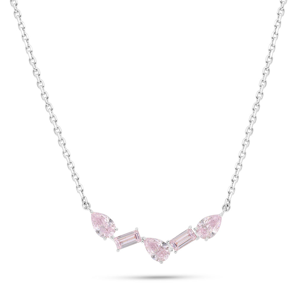 Sterling Silver 925 Necklace Rhodium Plated Embedded With pink Zircon 