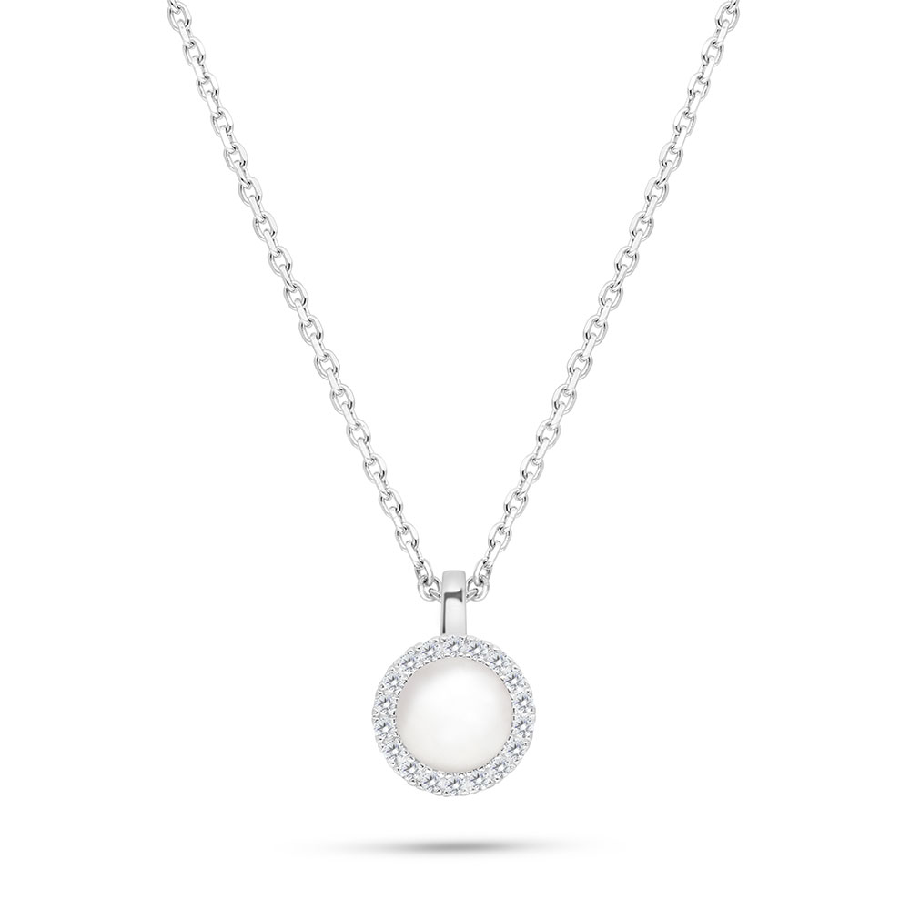 Sterling Silver 925 Necklace Rhodium Plated Embedded With White Shell Pearl And White CZ