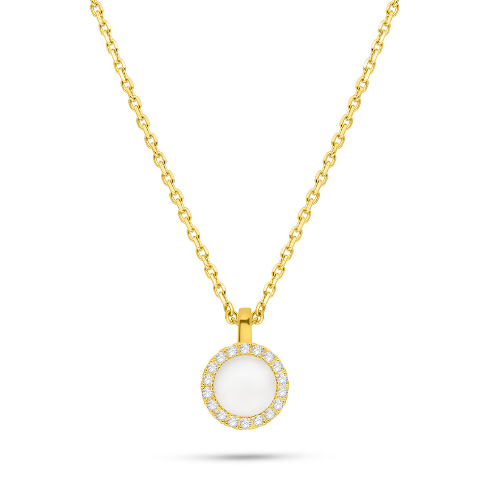 Sterling Silver 925 Necklace Golden Plated Embedded With White Shell Pearl And White CZ