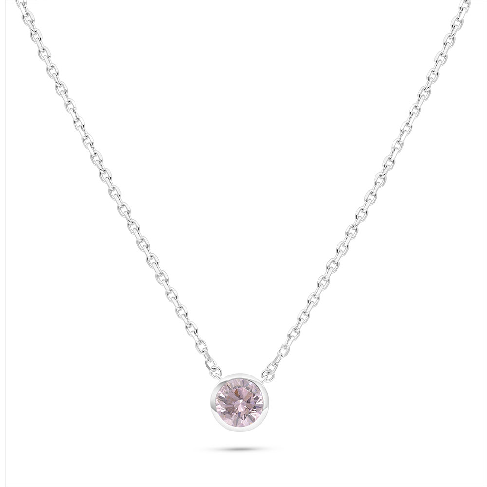 Sterling Silver 925 Necklace Rhodium Plated Embedded With pink Zircon 