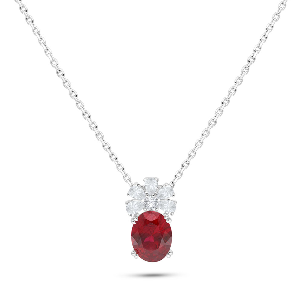 Sterling Silver 925 Necklace Rhodium Plated Embedded With Ruby Corundum And White Zircon