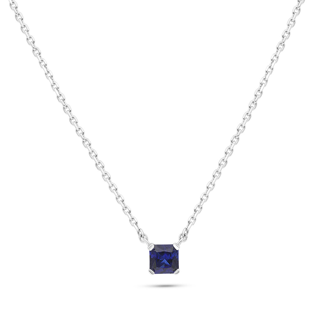 Sterling Silver 925 Necklace Rhodium Plated Embedded With Sapphire Corundum 