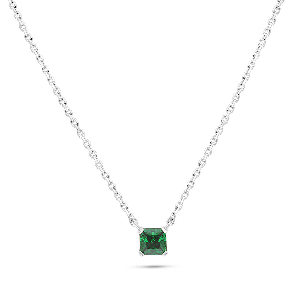 Sterling Silver 925 Necklace Rhodium Plated Embedded With Emerald Zircon 