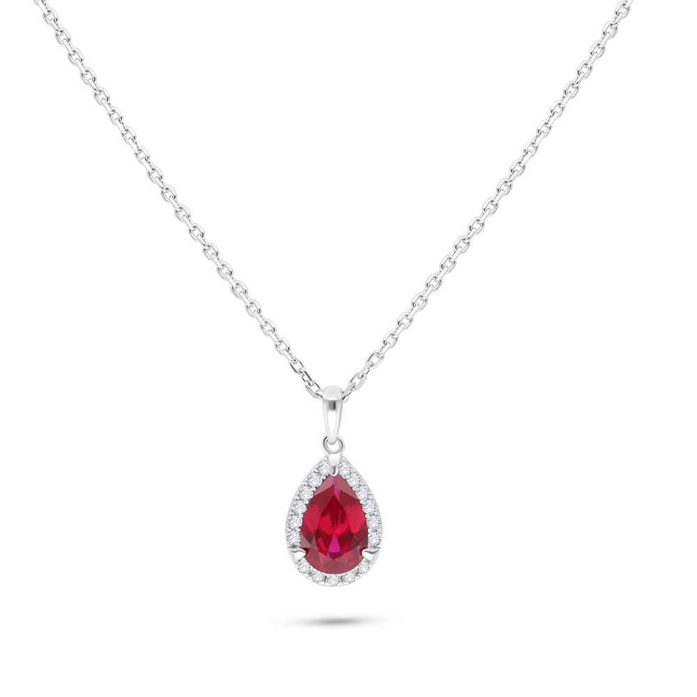 Sterling Silver 925 Necklace Rhodium Plated Embedded With Ruby Corundum And White Zircon