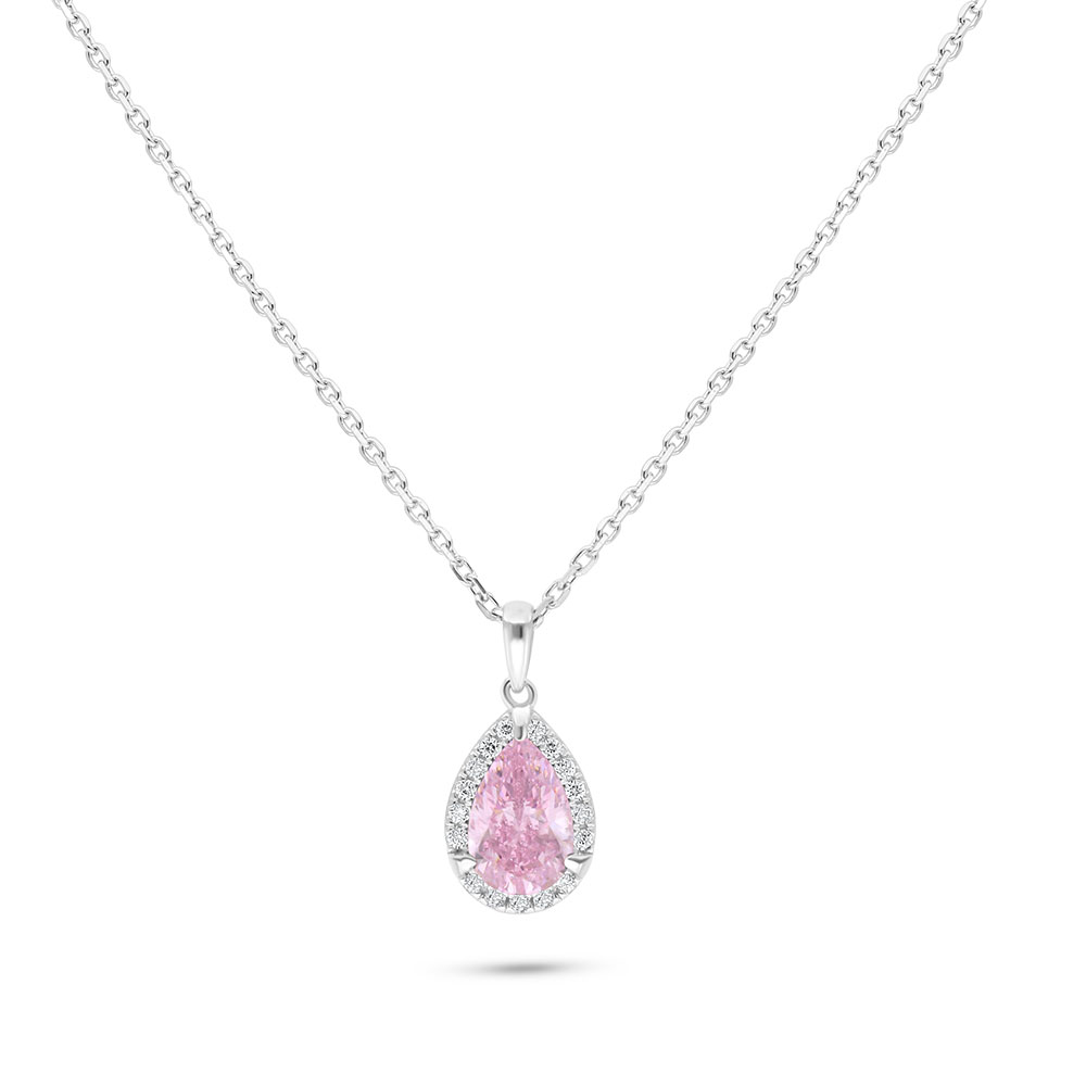 Sterling Silver 925 Necklace Rhodium Plated Embedded With pink Zircon And White Zircon