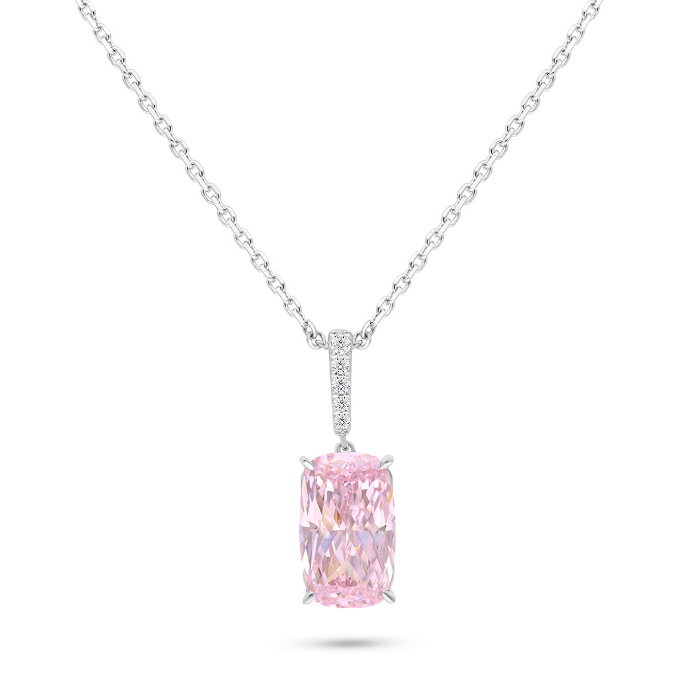 Sterling Silver 925 Necklace Rhodium Plated Embedded With pink Zircon And White Zircon