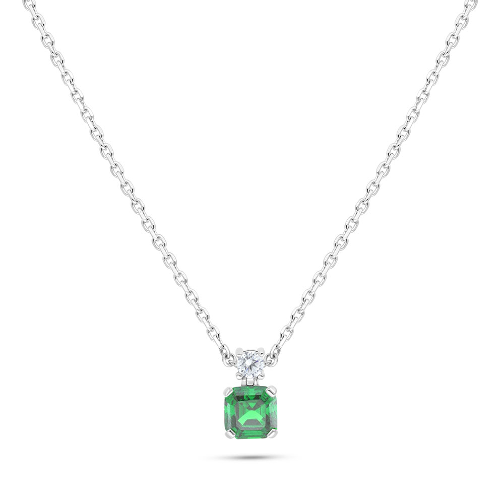 Sterling Silver 925 Necklace Rhodium Plated Embedded With Emerald Zircon And White Zircon