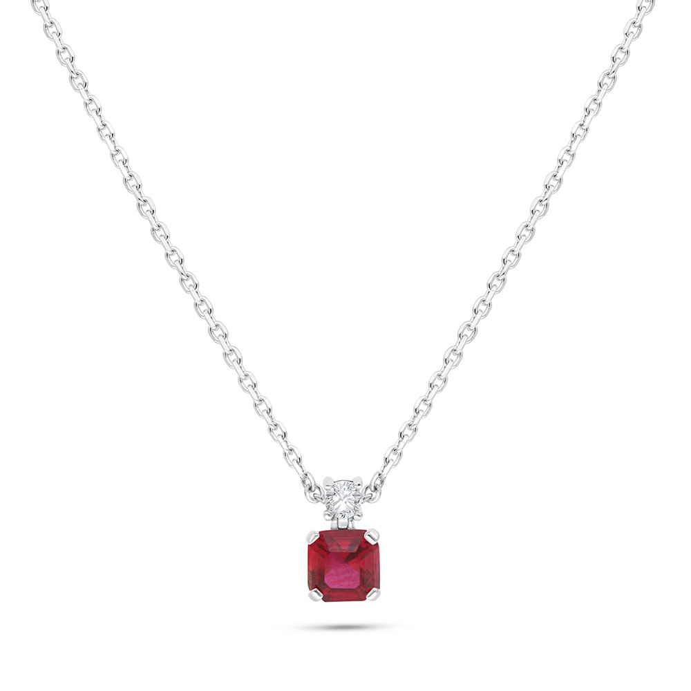 Sterling Silver 925 Necklace Rhodium Plated Embedded With Ruby Corundum And White Zircon