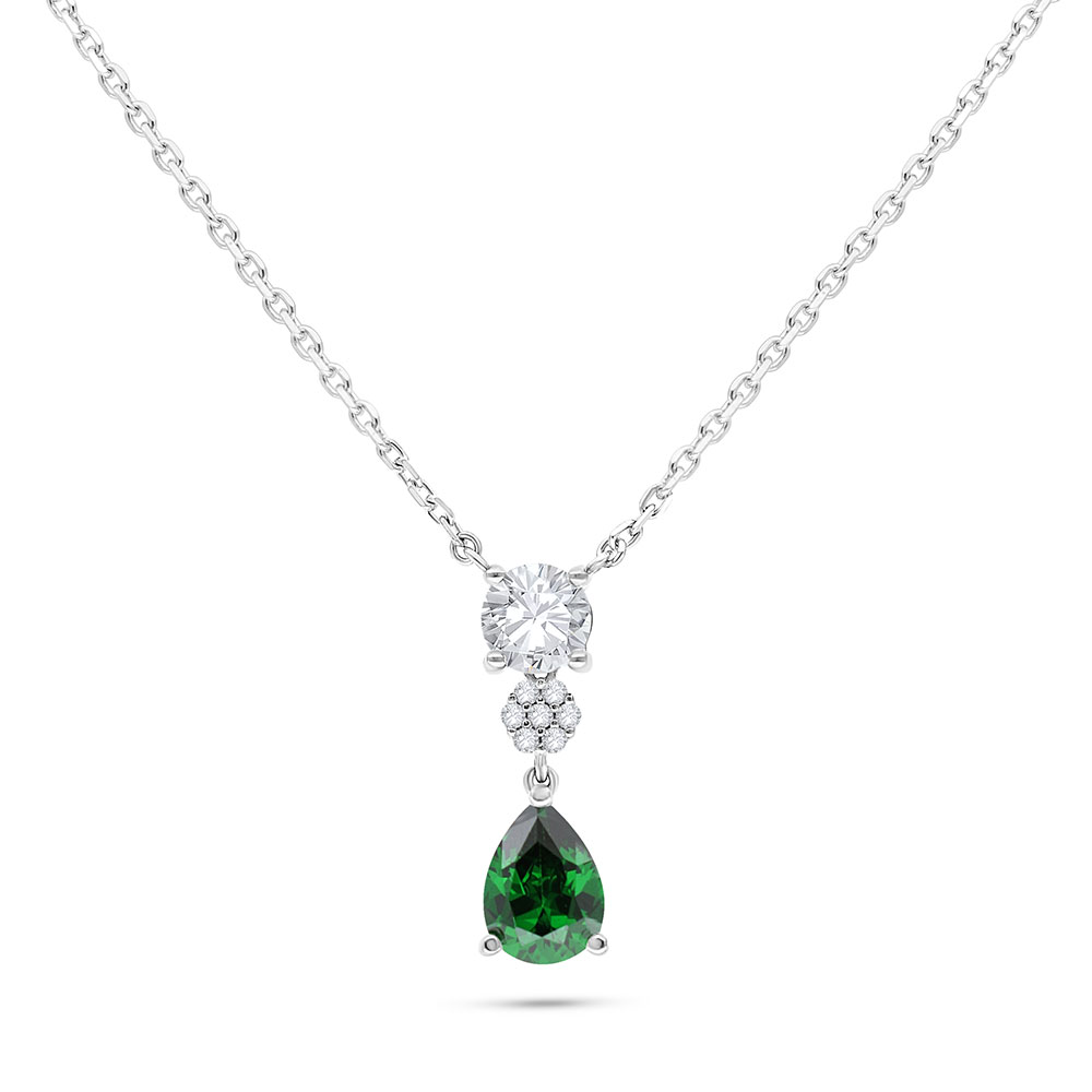 Sterling Silver 925 Necklace Rhodium Plated Embedded With Emerald Zircon And White Zircon