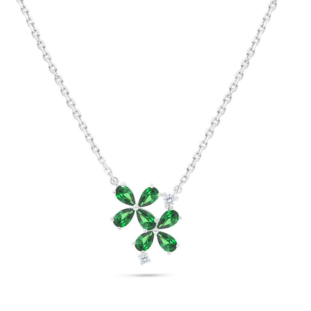 Sterling Silver 925 Necklace Rhodium Plated Embedded With Emerald Zircon And White Zircon