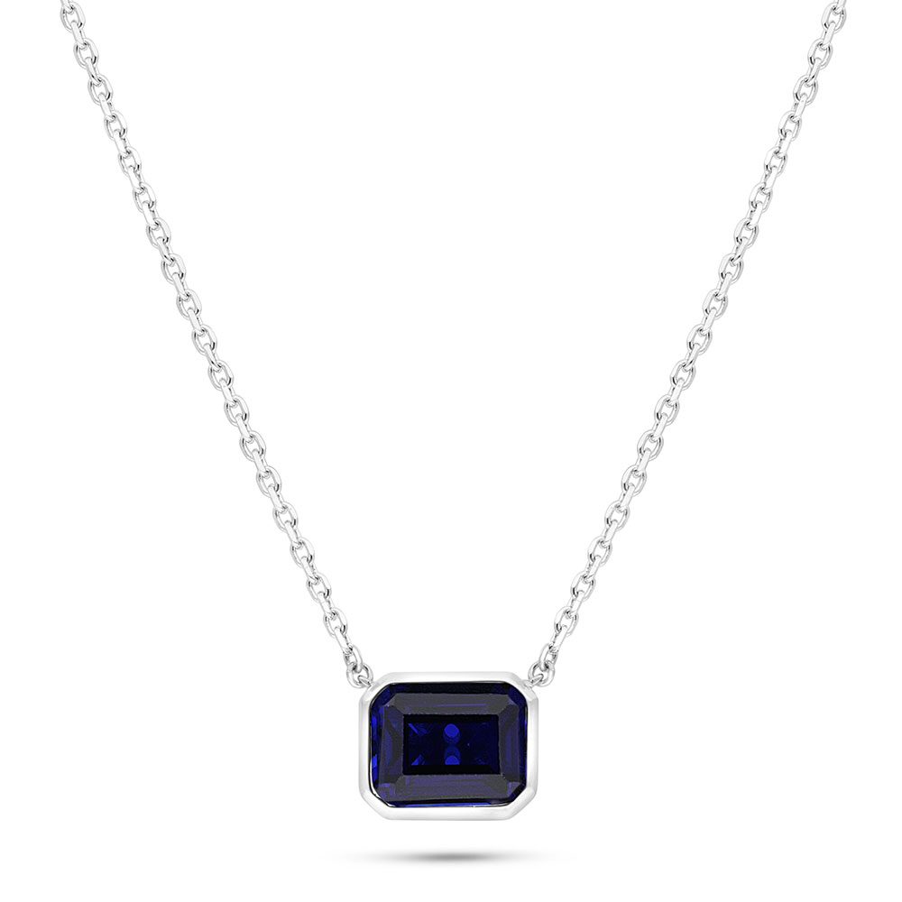 Sterling Silver 925 Necklace Rhodium Plated Embedded With Sapphire Corundum 