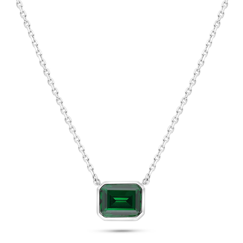 Sterling Silver 925 Necklace Rhodium Plated Embedded With Emerald Zircon 