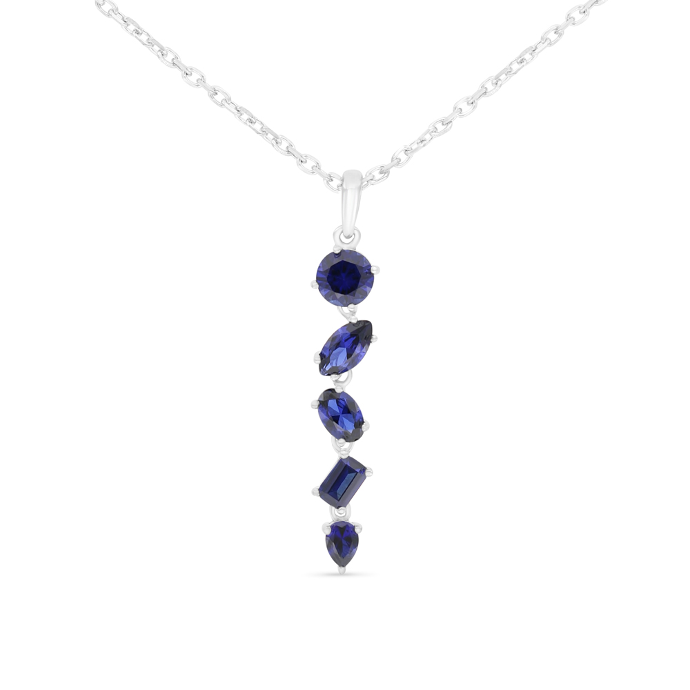 Sterling Silver 925 Necklace Rhodium Plated Embedded With Sapphire Corundum And White Zircon