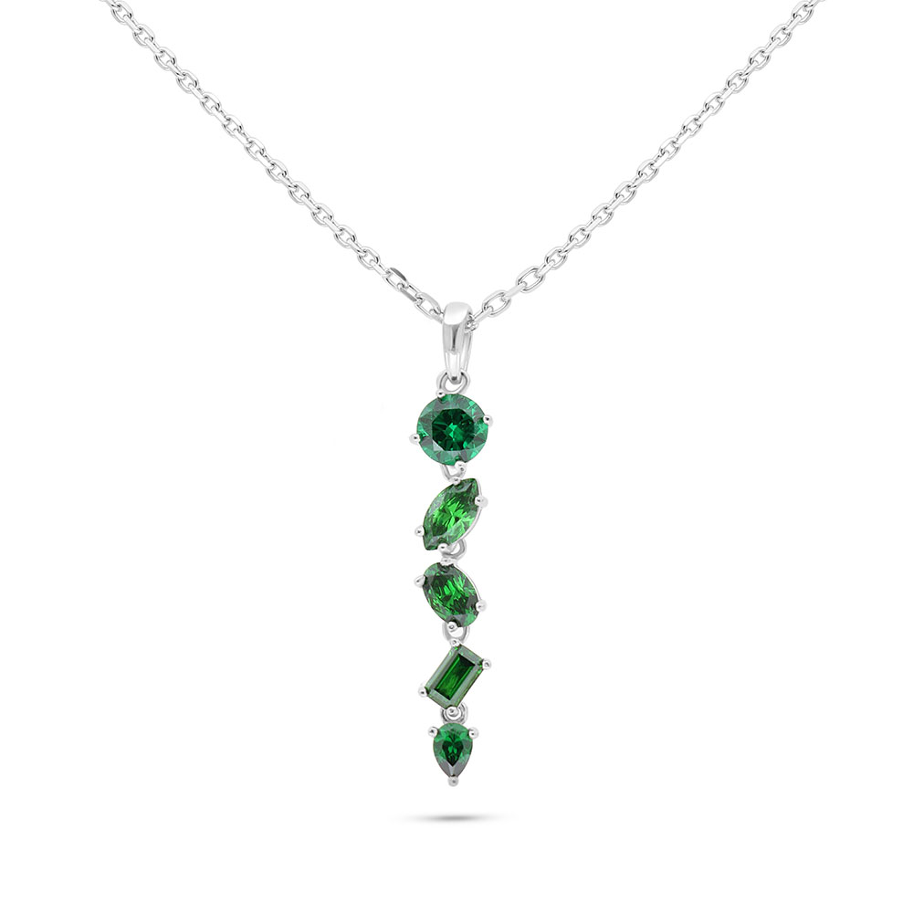 Sterling Silver 925 Necklace Rhodium Plated Embedded With Emerald Zircon And White Zircon