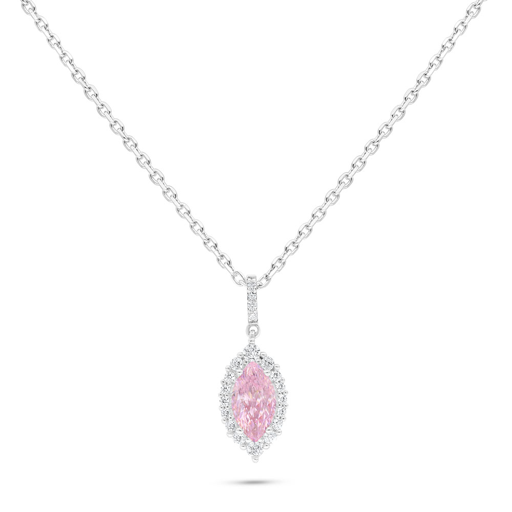 Sterling Silver 925 Necklace Rhodium Plated Embedded With pink Zircon And White Zircon