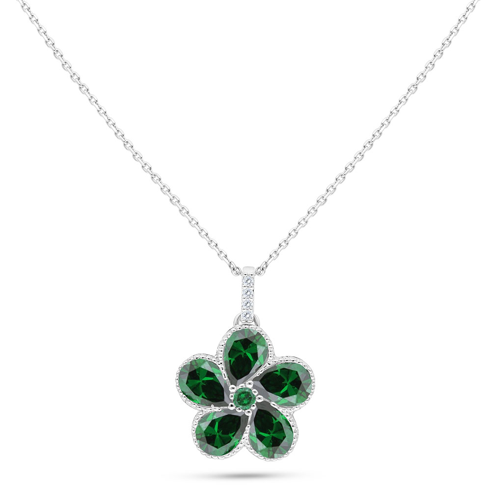 Sterling Silver 925 Necklace Rhodium Plated Embedded With Emerald Zircon And White Zircon