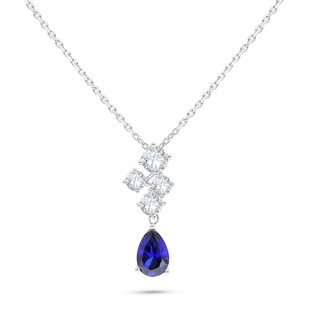 Sterling Silver 925 Necklace Rhodium Plated Embedded With Sapphire Corundum And White Zircon