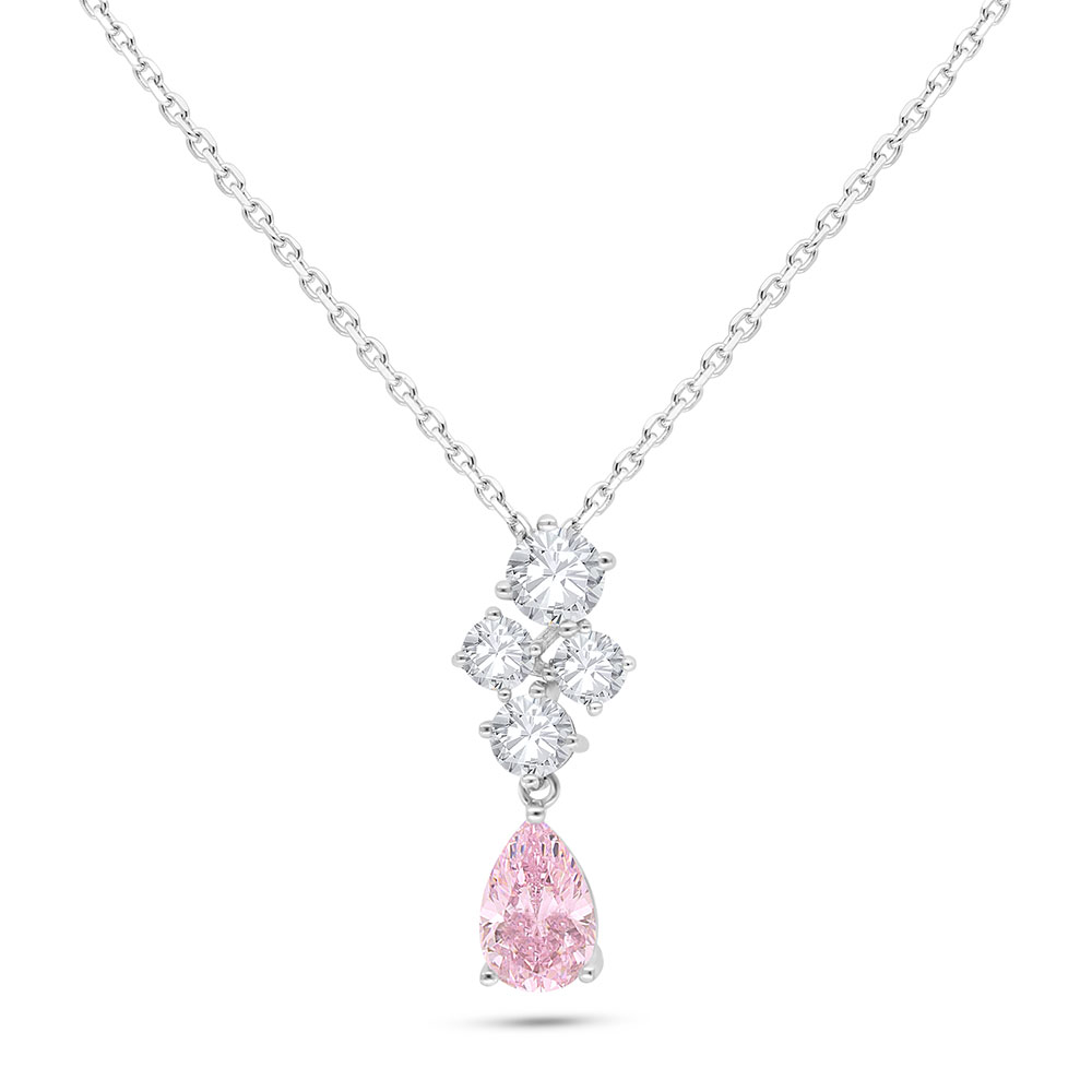 Sterling Silver 925 Necklace Rhodium Plated Embedded With pink Zircon And White Zircon