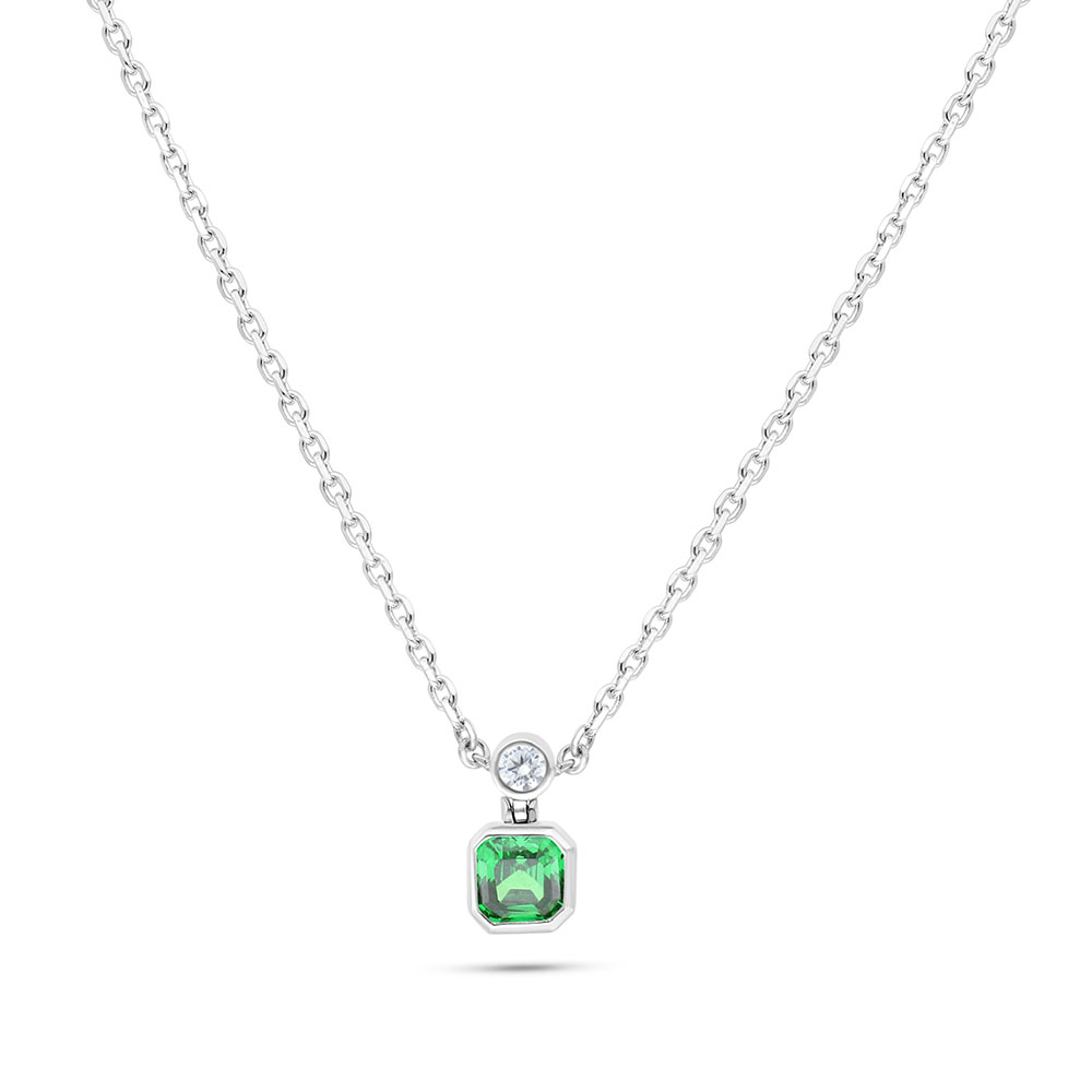 Sterling Silver 925 Necklace Rhodium Plated Embedded With Emerald Zircon And White Zircon