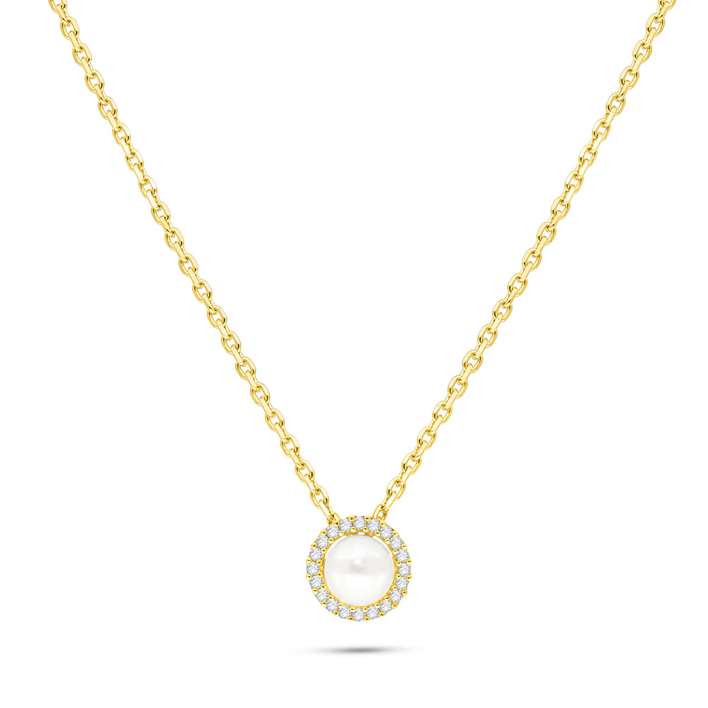 Sterling Silver 925 Necklace Golden Plated Embedded With White Shell Pearl And White Zircon