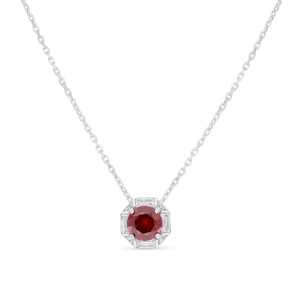 Sterling Silver 925 Necklace Rhodium Plated Embedded With Ruby Corundum And White Zircon