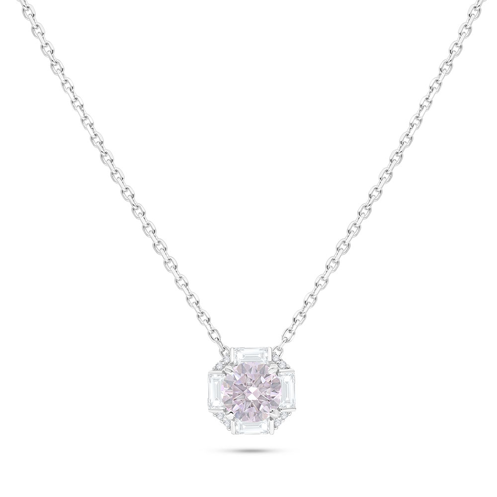 Sterling Silver 925 Necklace Rhodium Plated Embedded With pink Zircon And White Zircon