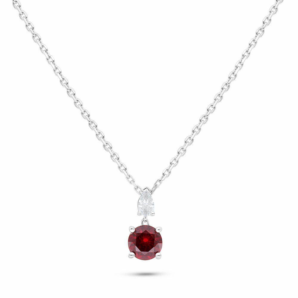 Sterling Silver 925 Necklace Rhodium Plated Embedded With Ruby Corundum And White Zircon