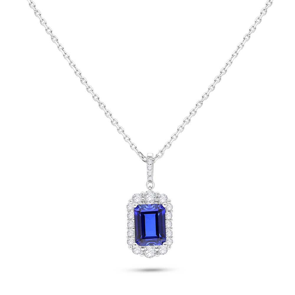 Sterling Silver 925 Necklace Rhodium Plated Embedded With Sapphire Corundum And White Zircon