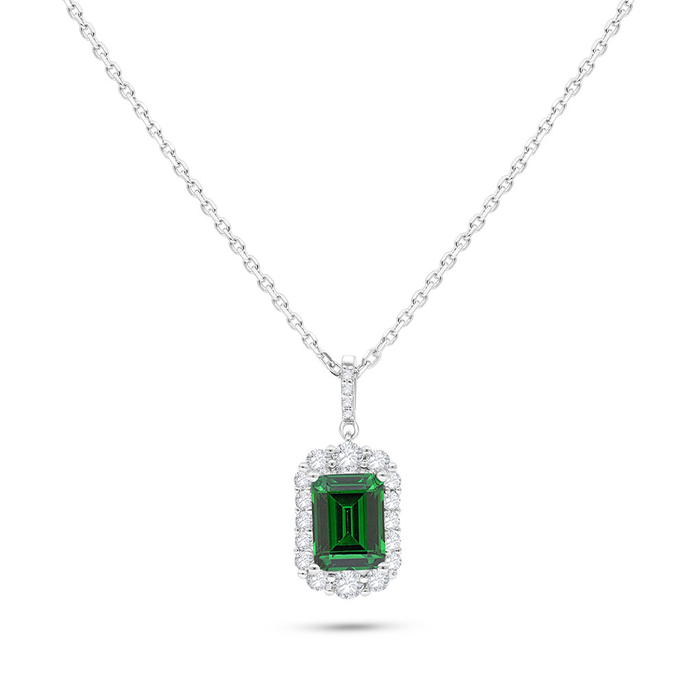 Sterling Silver 925 Necklace Rhodium Plated Embedded With Emerald Zircon And White Zircon