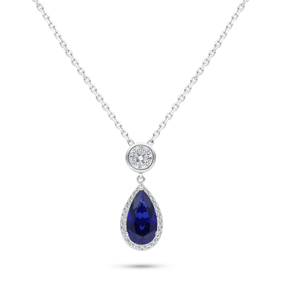 Sterling Silver 925 Necklace Rhodium Plated Embedded With Sapphire Corundum And White Zircon