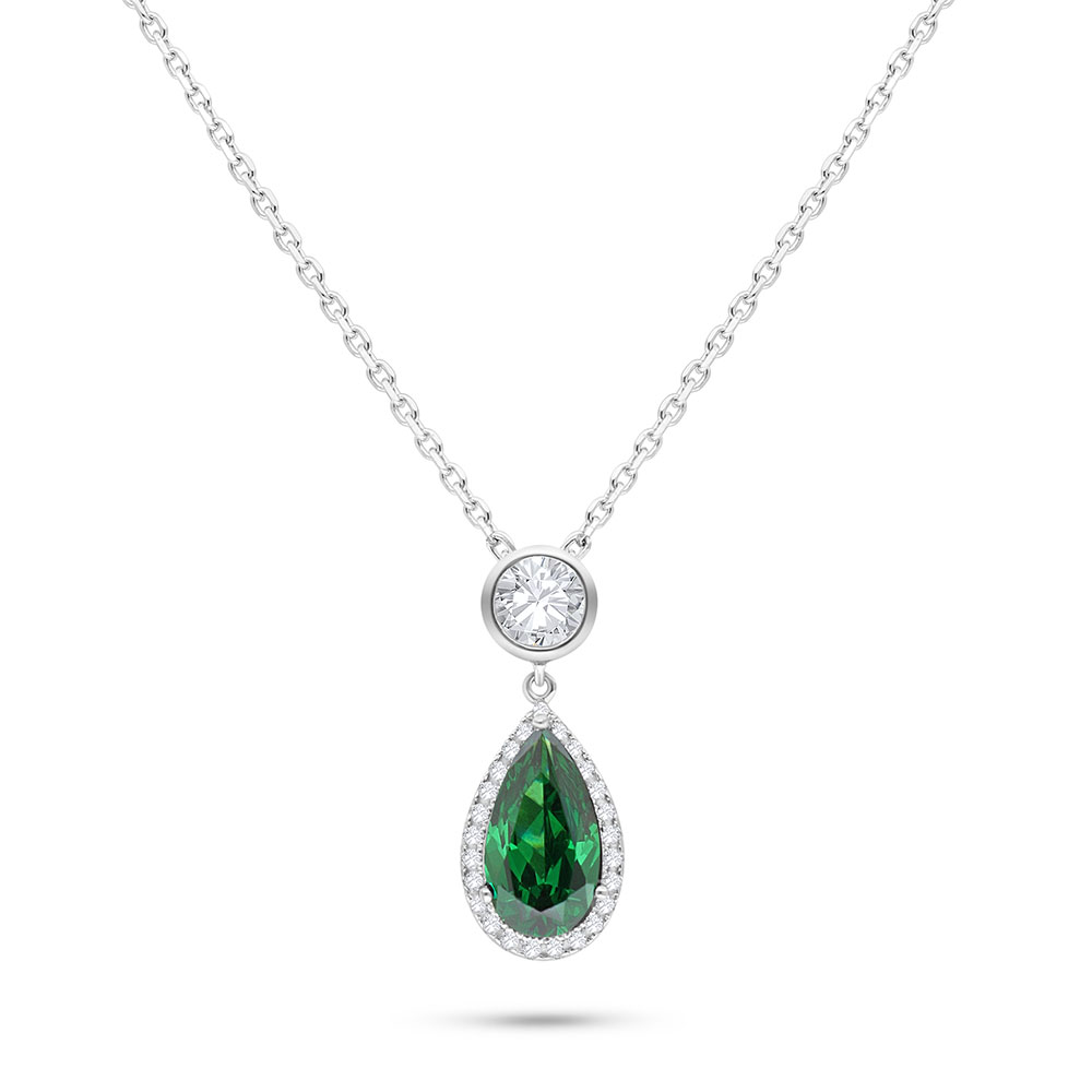 Sterling Silver 925 Necklace Rhodium Plated Embedded With Emerald Zircon And White Zircon