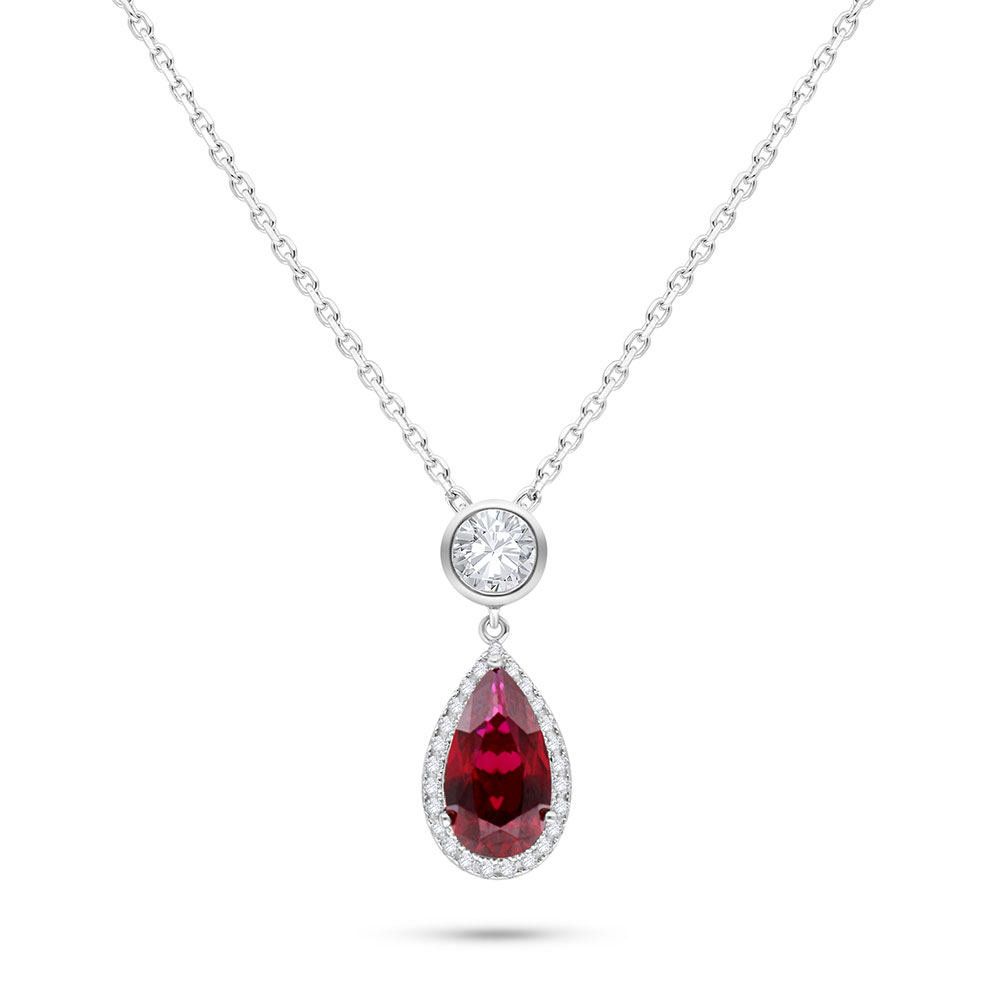 Sterling Silver 925 Necklace Rhodium Plated Embedded With Ruby Corundum And White Zircon