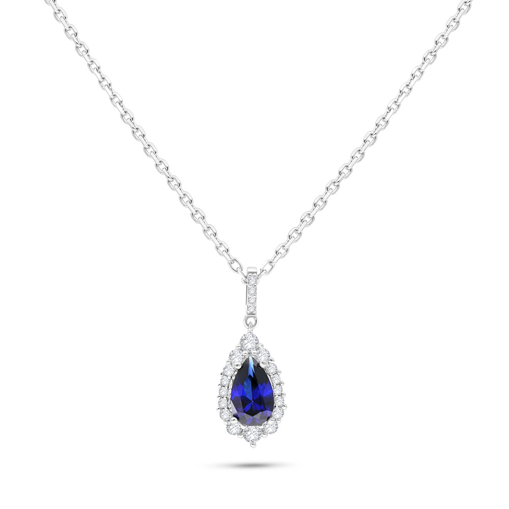 Sterling Silver 925 Necklace Rhodium Plated Embedded With Sapphire Corundum And White Zircon