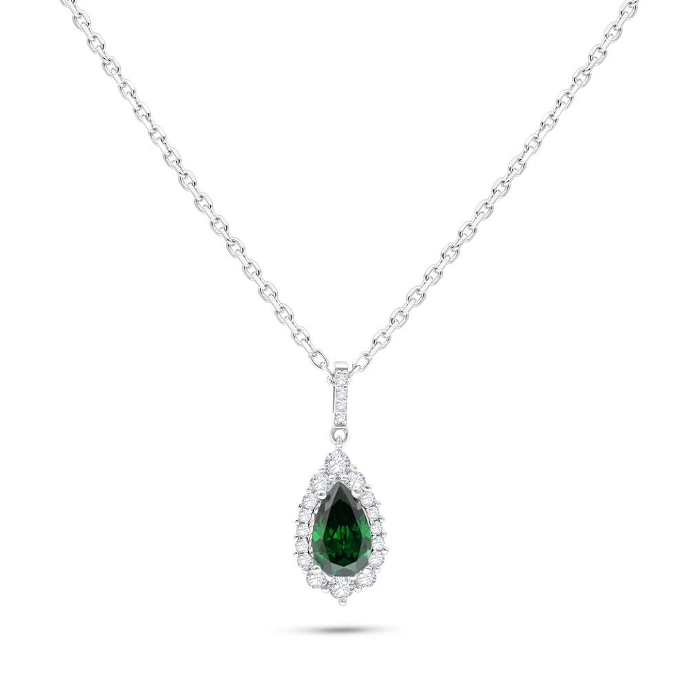 Sterling Silver 925 Necklace Rhodium Plated Embedded With Emerald Zircon And White Zircon