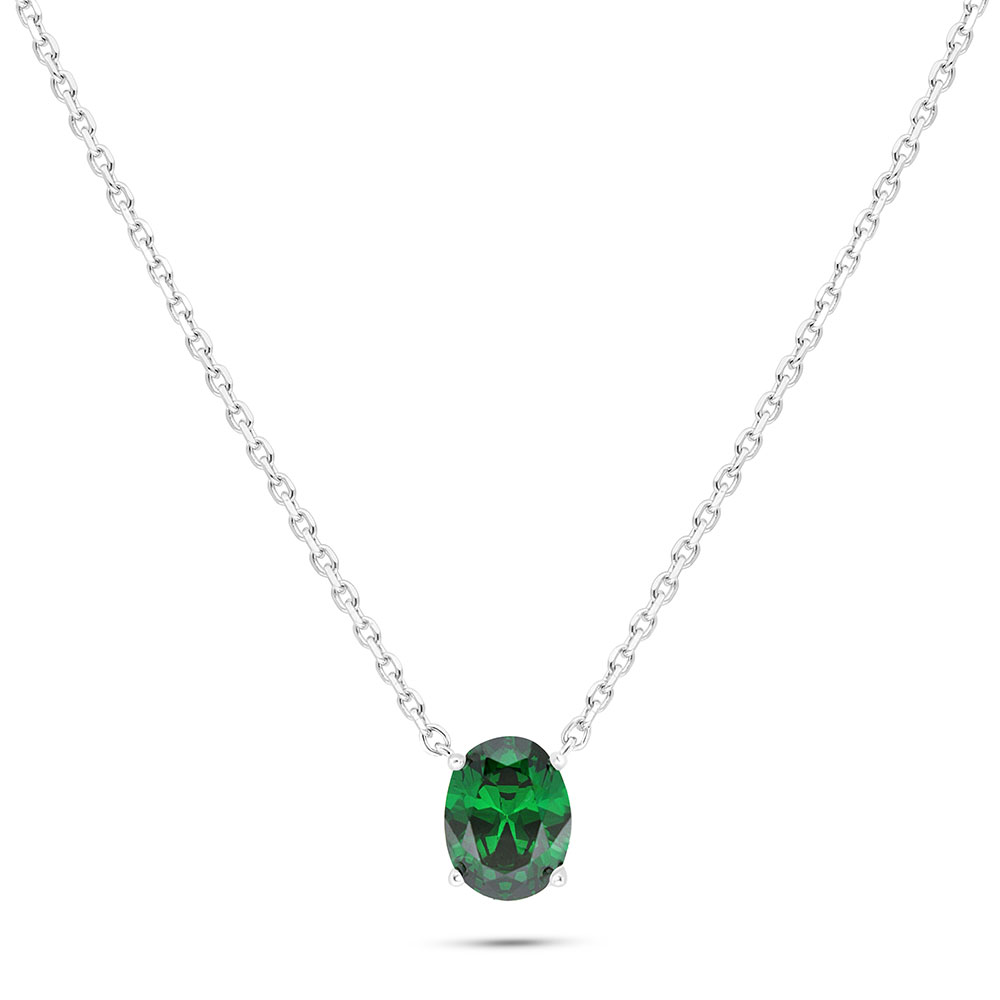 Sterling Silver 925 Necklace Rhodium Plated Embedded With Emerald Zircon 