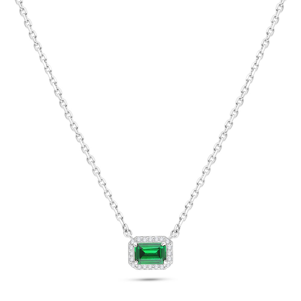 Sterling Silver 925 Necklace Rhodium Plated Embedded With Emerald Zircon And White Zircon