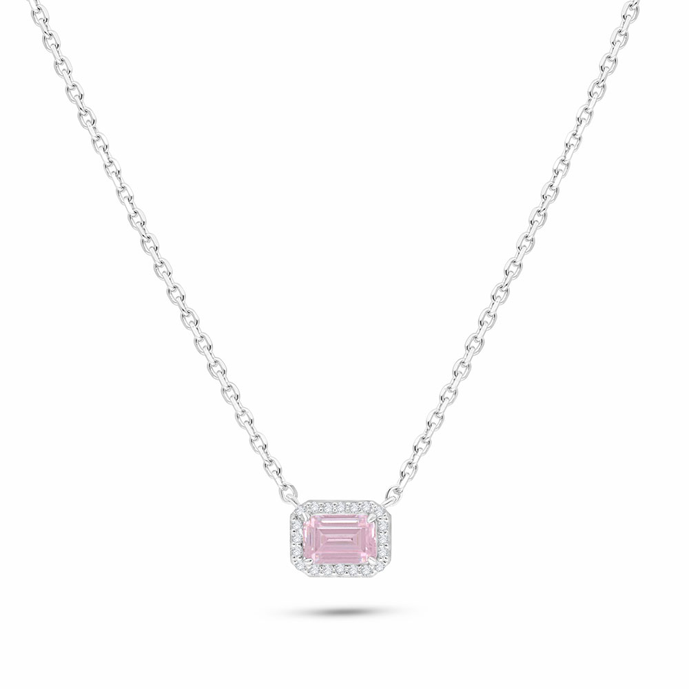 Sterling Silver 925 Necklace Rhodium Plated Embedded With pink Zircon And White Zircon