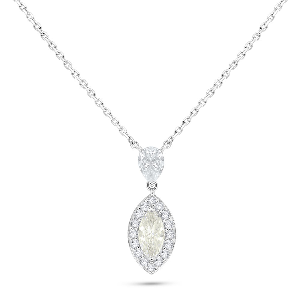 Sterling Silver 925 Necklace Rhodium Plated Embedded With Yellow Diamond And White Zircon