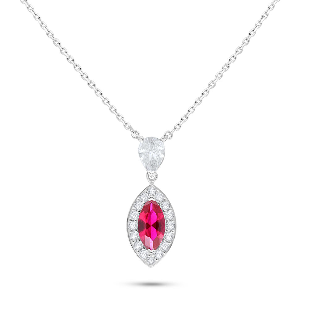 Sterling Silver 925 Necklace Rhodium Plated Embedded With Ruby Corundum And White Zircon