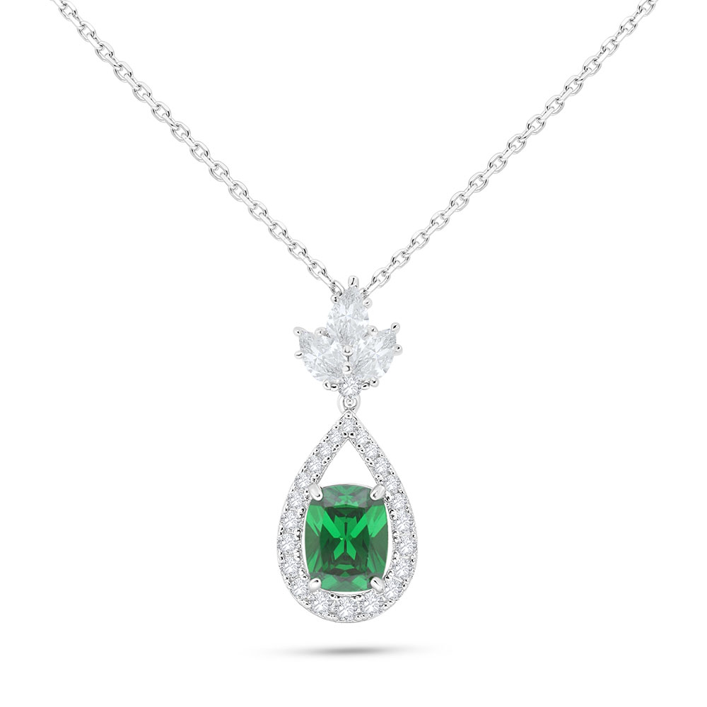 Sterling Silver 925 Necklace Rhodium Plated Embedded With Emerald Zircon And White Zircon