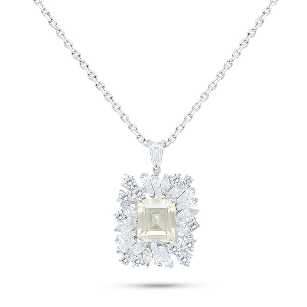 Sterling Silver 925 Necklace Rhodium Plated Embedded With Yellow Diamond And White Zircon