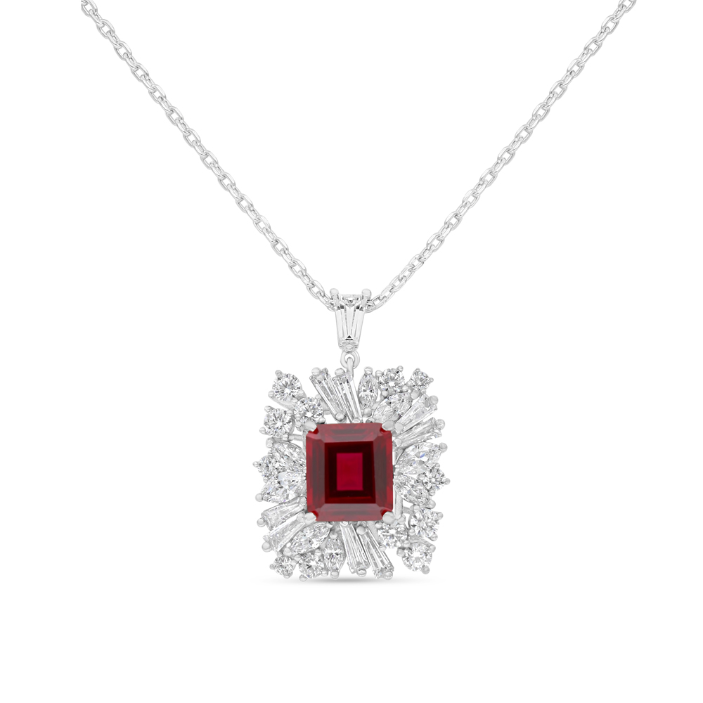 Sterling Silver 925 Necklace Rhodium Plated Embedded With Ruby Corundum And White Zircon