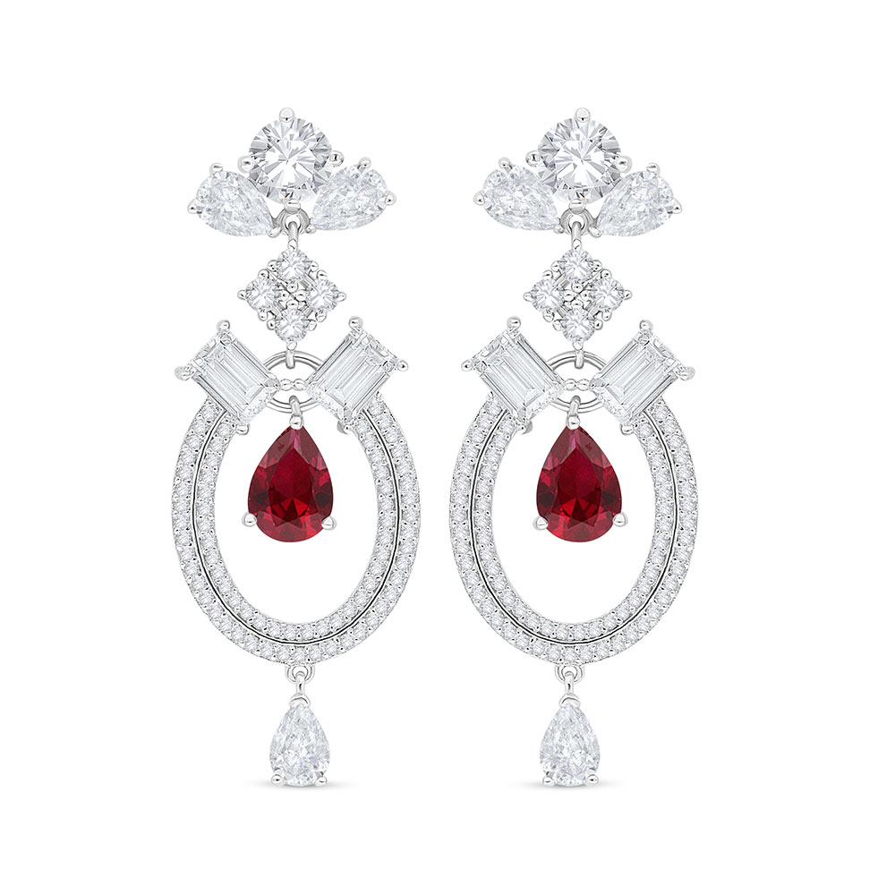 Sterling Silver 925 Earring Rhodium Plated Embedded With Ruby Corundum And White Zircon