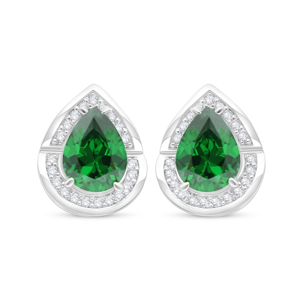 Sterling Silver 925 Earring Rhodium Plated Embedded With Emerald Zircon And White Zircon