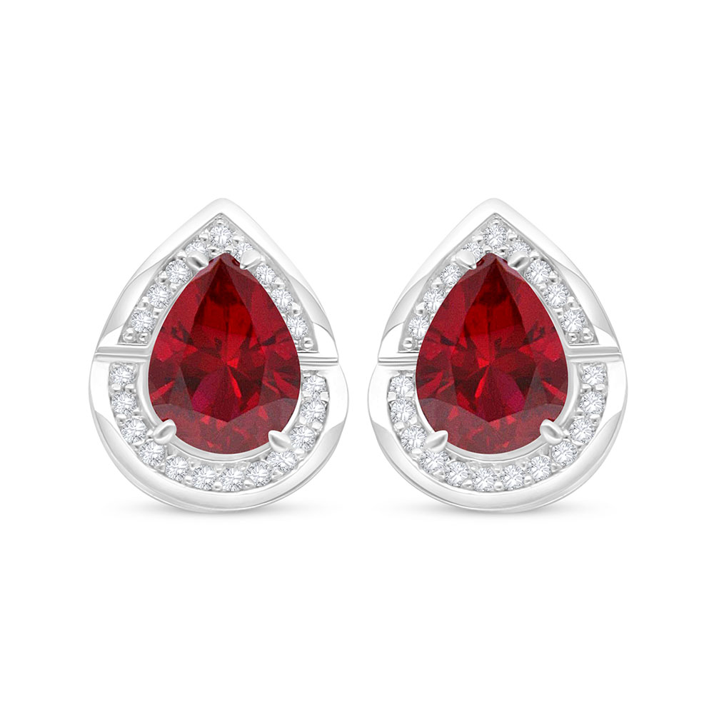 Sterling Silver 925 Earring Rhodium Plated Embedded With Ruby Corundum And White Zircon