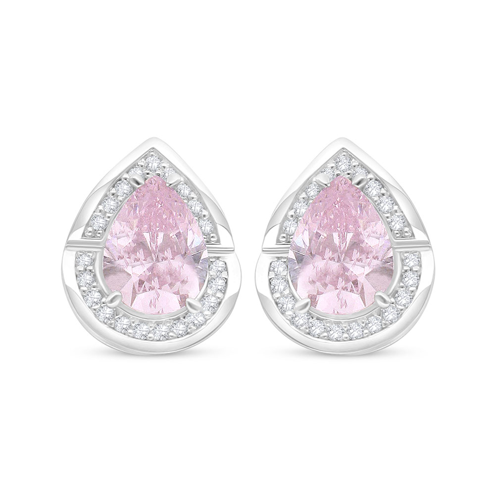 Sterling Silver 925 Earring Rhodium Plated Embedded With pink Zircon And White Zircon